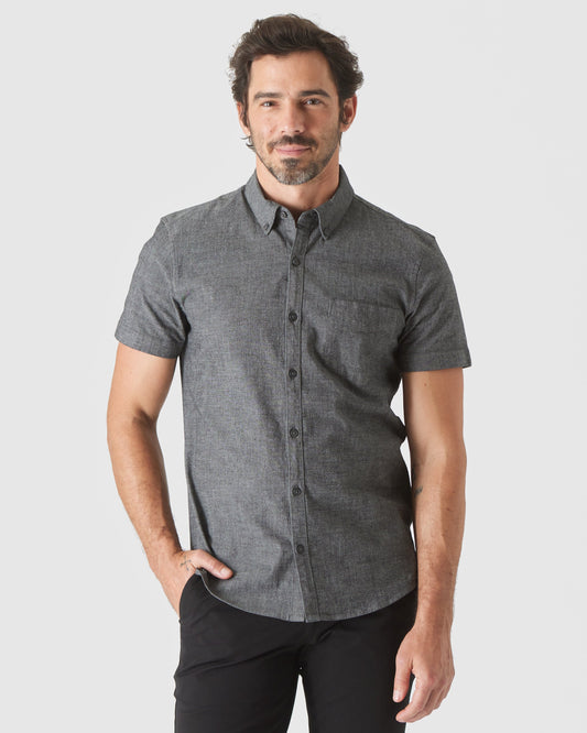 True Classic Black Wash Short Sleeve Stretch Chambray Shirt | Small