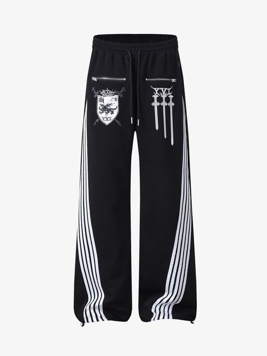 Crest & Sword Graphic Side Stripe Sweatpants - Black / L