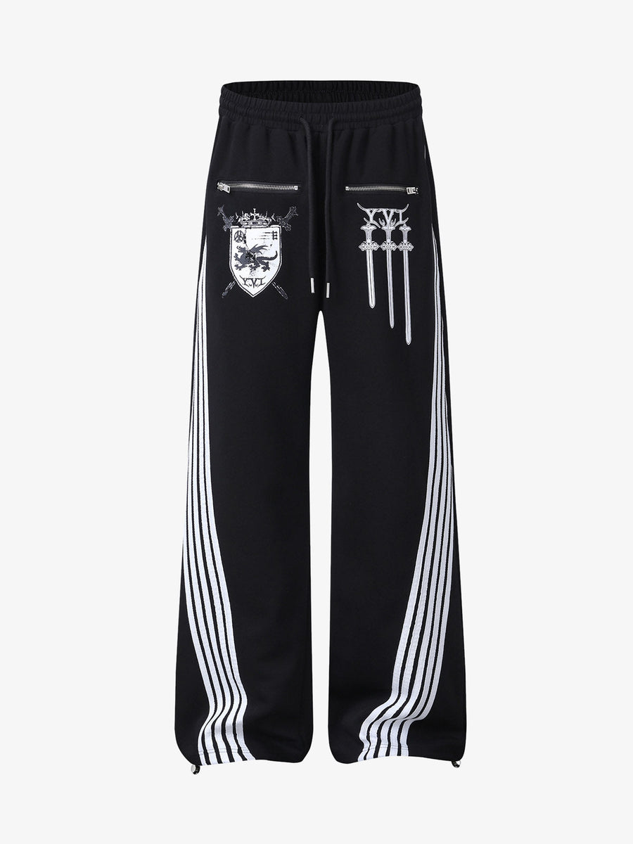 Crest & Sword Graphic Side Stripe Sweatpants - Black / L