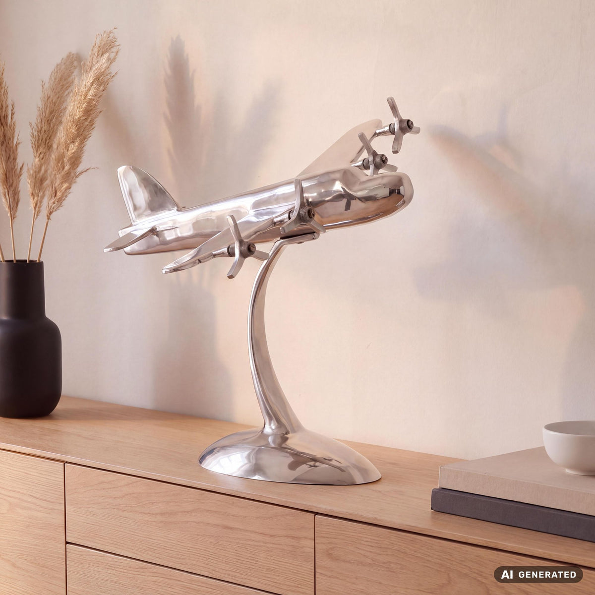 FineBuy Design Deko Propeller Flugzeug 42 x 30 x 30 cm Silbern aus Aluminium, Alu Flieger Geschenk-Idee Tisch-Dekoration mit Standfuß