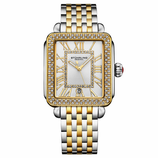 Stührling VivreLuxe 4060 Rectangle Ladies Quartz Fashion Watch 34mm - Two Tone Gold/Silver
