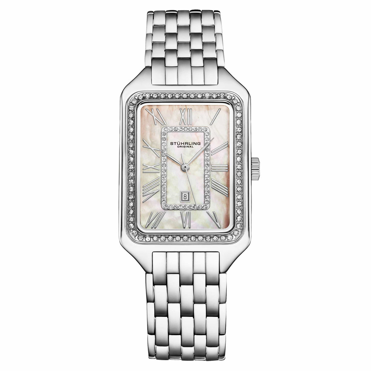 Stührling Lustra 4061 Rectangle Quartz Fashion Watch with Crystals 32mm - White Mother-of-pearl Dial/Silver Stainless Steel Bracelet