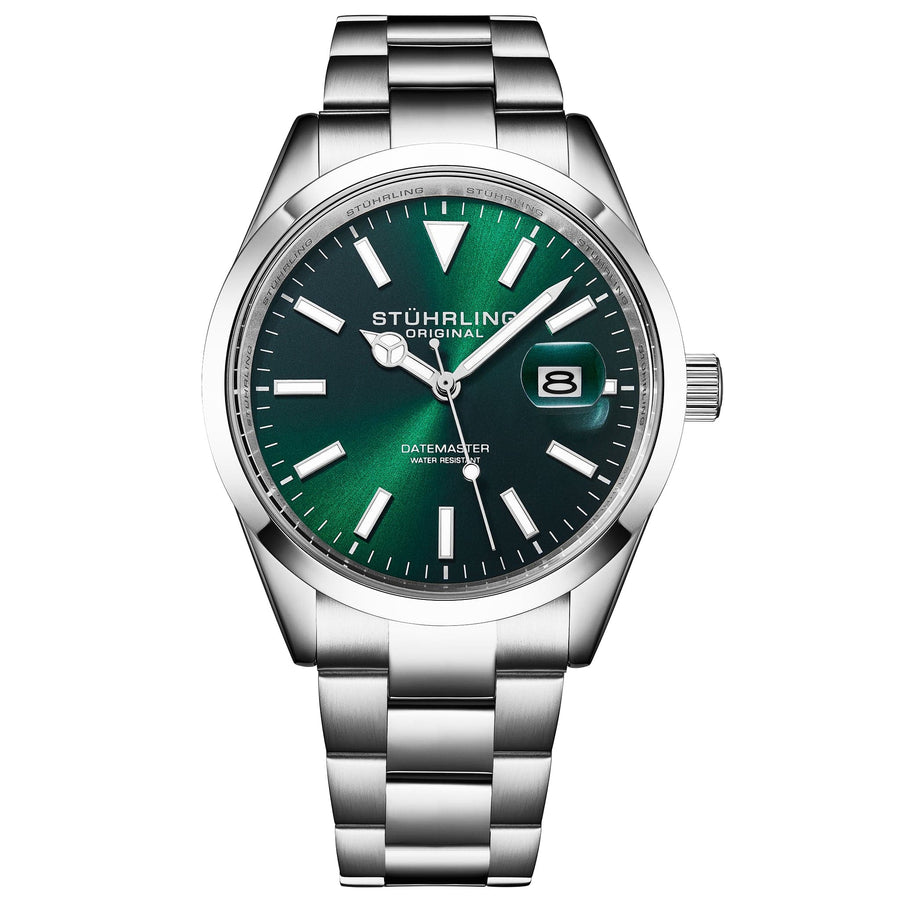 Stührling Datemaster 4065 Quartz 42mm - Deep Emerald Green Dial, Silver band
