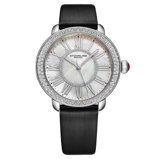 Stührling Aurelia 4068 Women's 40mm - White Mother-of-pearl Dial/ Black Satin-covered Leather Strap
