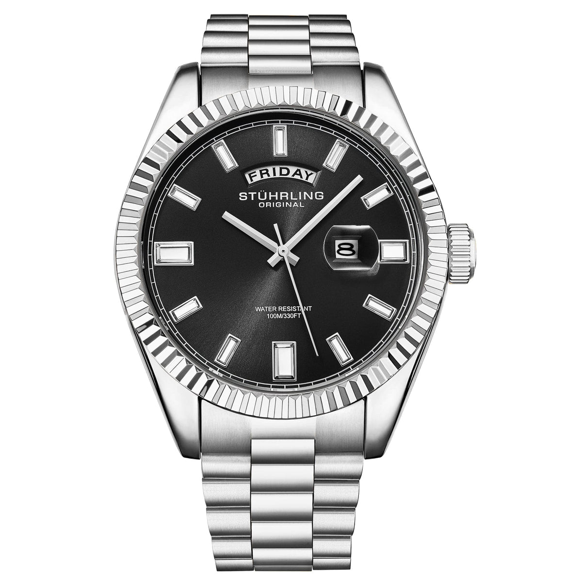 Stührling Sovrano 4070 Luxury Watch 42mm - Black Dial/ Stainless Steel Bracelet