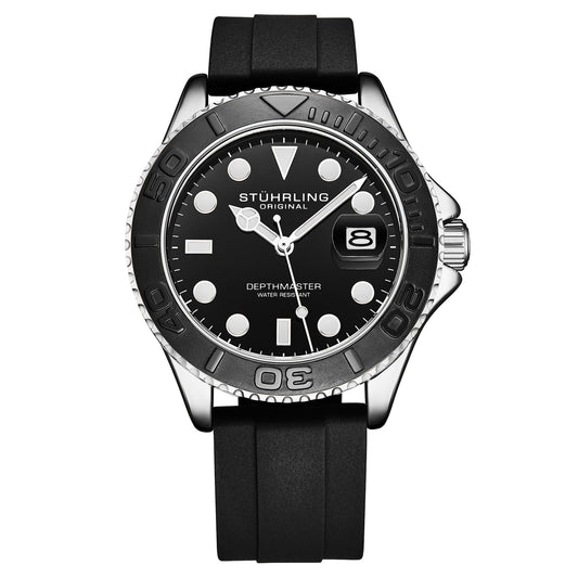 Stührling Depthmaster 4072 Aquadiver 42mm - Black Brass Dial/ Black Silicone Strap