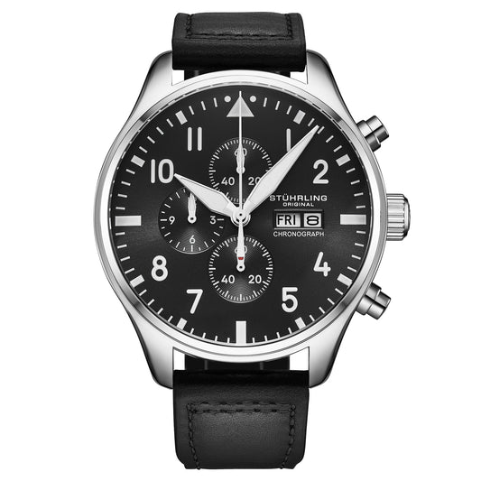 Stührling Navigator Chrono 4075 Men's 43mm - Jet Black Sunray Dial/Black Leather Strap