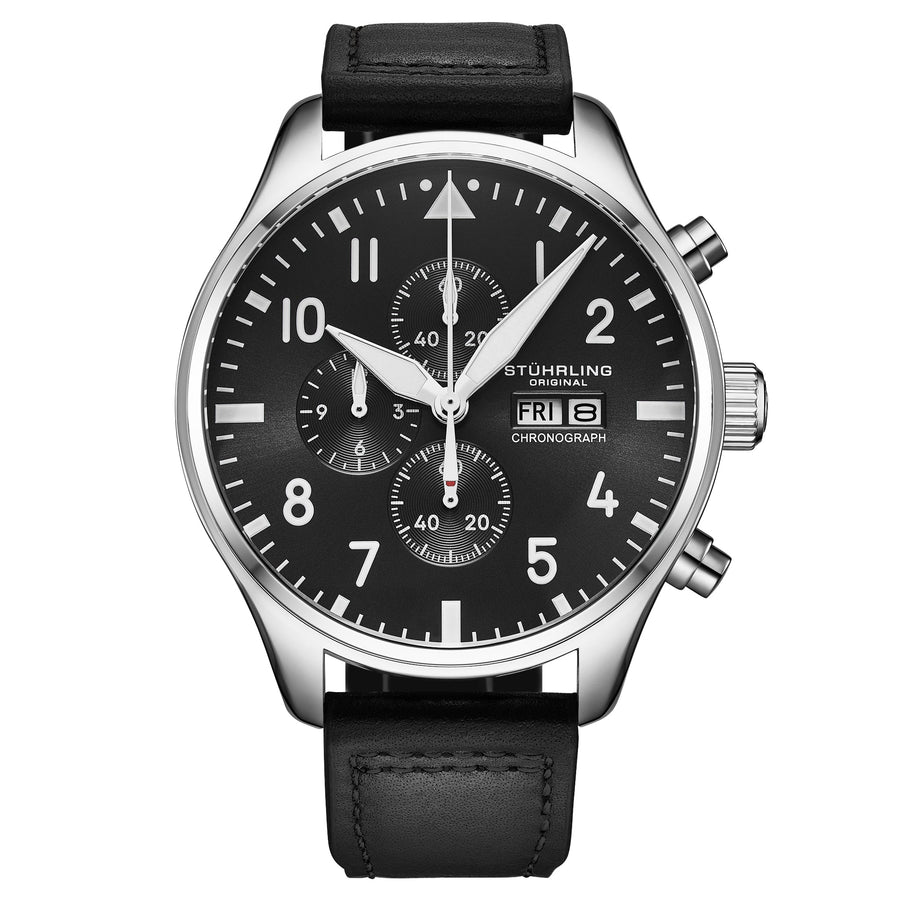 Stührling Navigator Chrono 4075 Men's 43mm - Jet Black Sunray Dial/Black Leather Strap