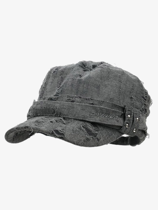 Distressed Stud Detail Cotton Flat Top Cap - Dark Gray / ONE SIZE