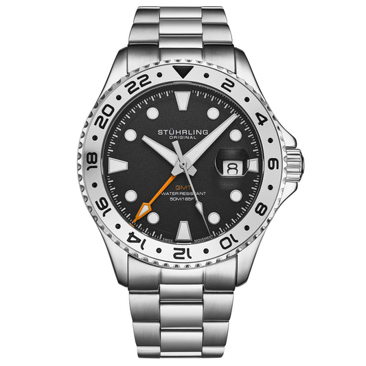 Stührling Equinox 4077 Men's 43mm - Black Dial/ Stainless Steel Silver-Tone Bracelet