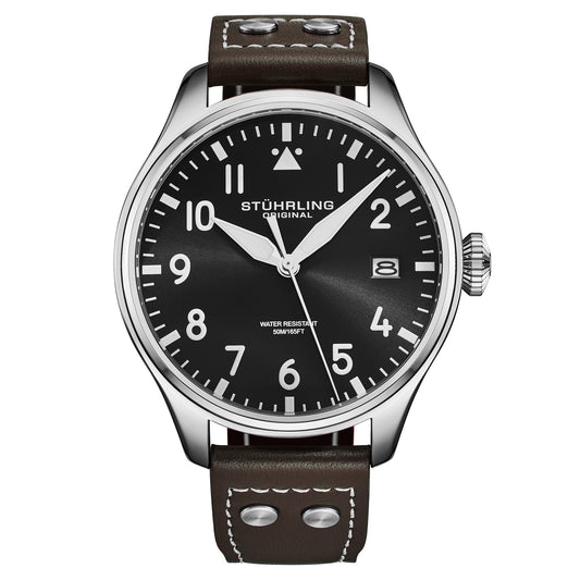 Stührling Airman 4078 Quartz Men’s 43mm Pilot Watch - Onyx Black Sunray Dial/ Brown Riveted Leather Strap