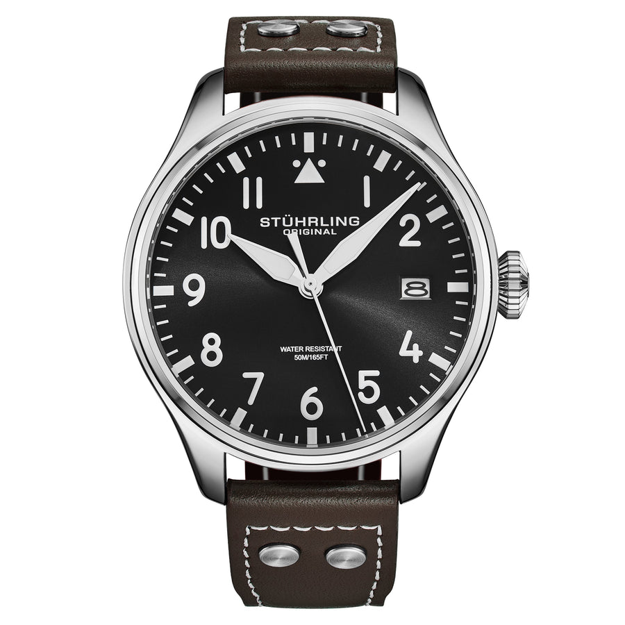 Stührling Airman 4078 Quartz Men’s 43mm Pilot Watch - Onyx Black Sunray Dial/ Brown Riveted Leather Strap