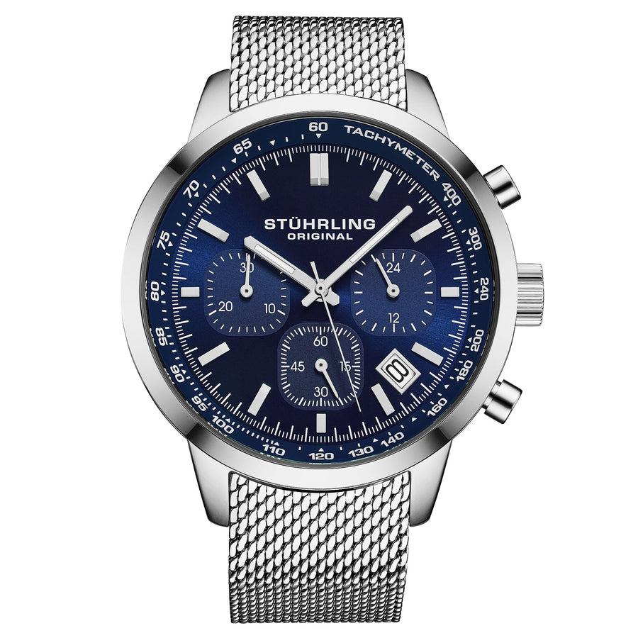 Stührling Chronoport 4082 Men's 44mm - Deep Blue Sunray Dial/Stainless Steel Mesh Bracelet