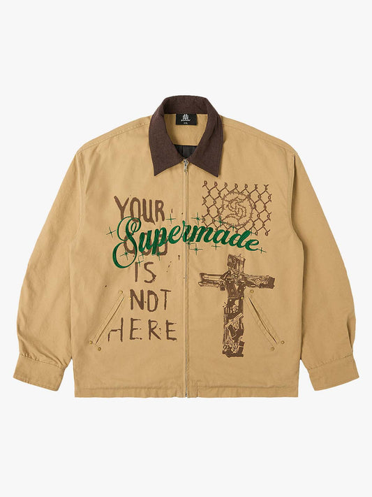Supermade Slogan Print Color-Blocked Embroidered Retro Canvas Jacket - Khaki / S