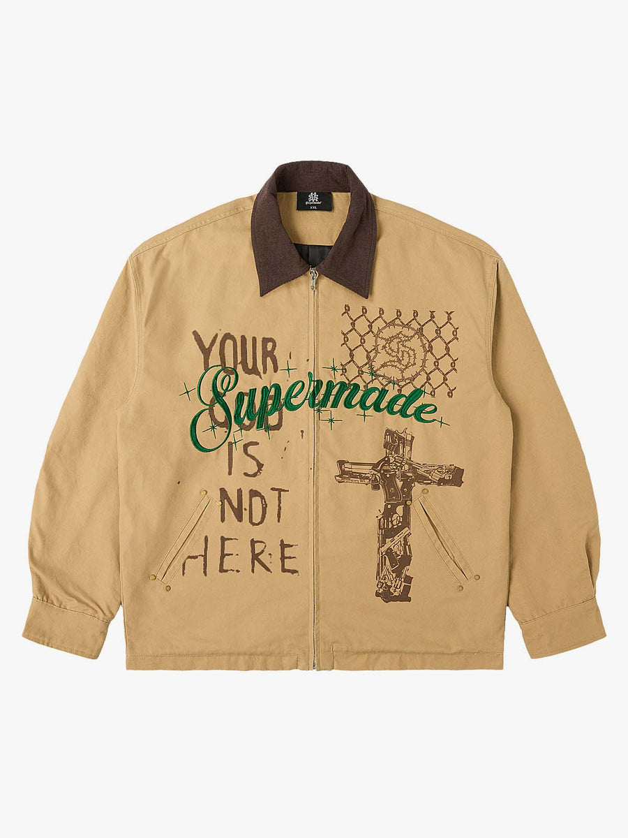 Supermade Slogan Print Color-Blocked Embroidered Retro Canvas Jacket - Khaki / S