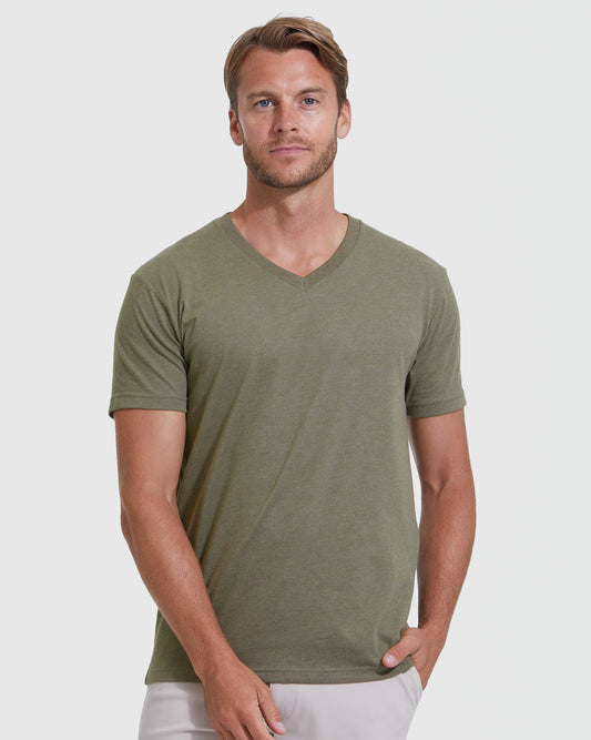 True Classic Heather Military Green Classic V-Neck | Cotton Blend | Athletic Cut | Small