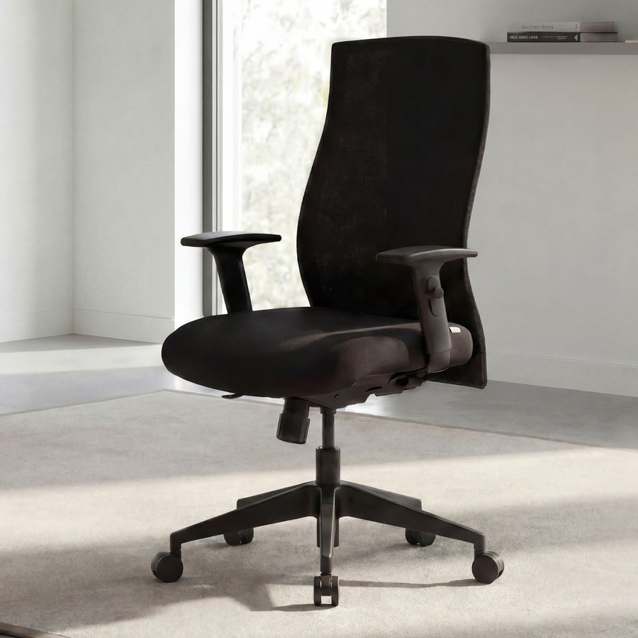 FineBuy Bürostuhl Bezug Stoff Schwarz Schreibtischstuhl Design Chefsessel Armlehne Drehstuhl Polsterung 120 kg