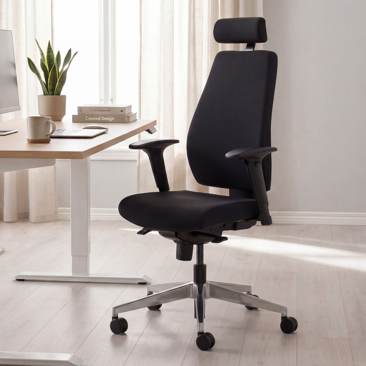 FineBuy Bürostuhl FB41700 Schreibtischstuhl Stoff Schwarz Chefsessel Modern, Drehstuhl mit Synchronmechanik, Arbeitsstuhl mit Kopfstütze 120kg, Bürose