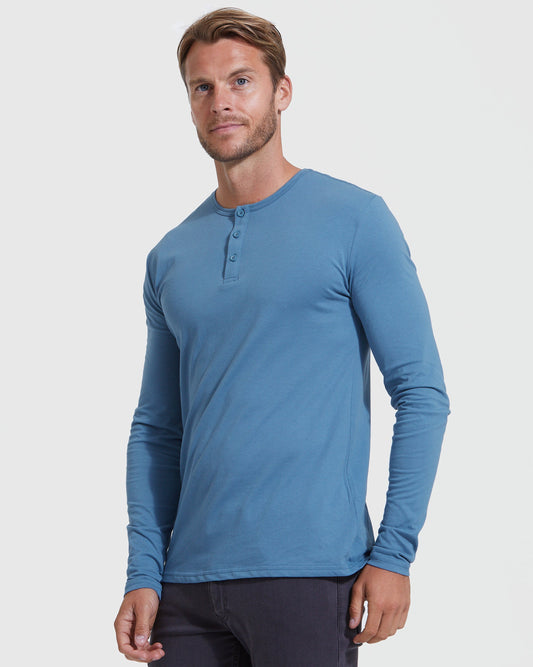 True Classic Indigo Blue Classic Long Sleeve Henley Shirt | Cotton Blend | Athletic Cut | Small
