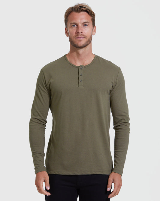 True Classic Military Green Classic Long Sleeve Henley Shirt | Cotton Blend | Athletic Cut | Small