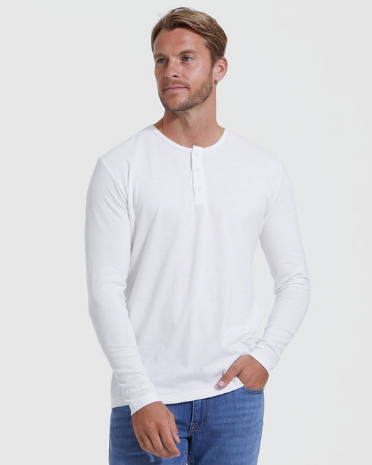 True Classic White Classic Long Sleeve Henley Shirt | Cotton Blend | Athletic Cut | Small