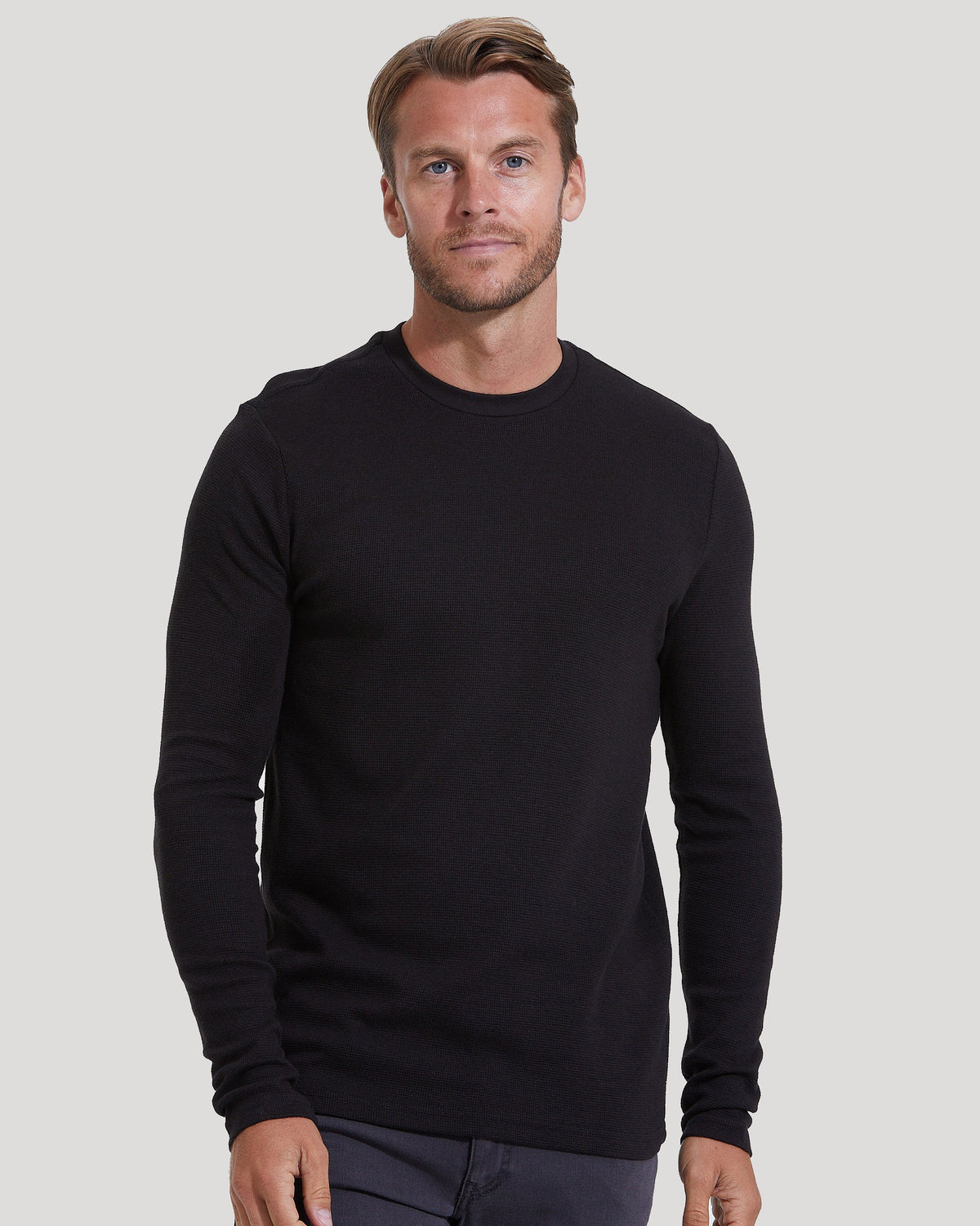 True Classic Black Waffle Long Sleeve T-Shirt Crew Neck | Cotton Blend | Athletic Cut | 3XL