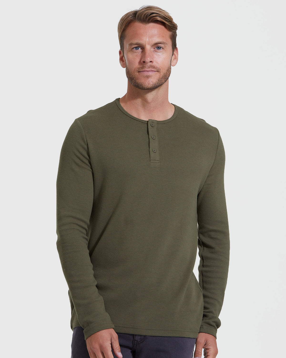 True Classic Military Green Waffle Long Sleeve Henley Shirt | Cotton Blend | Athletic Cut | Medium