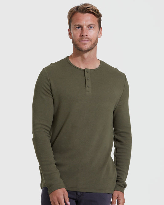 True Classic Military Green Waffle Long Sleeve Henley Shirt | Cotton Blend | Athletic Cut | Medium