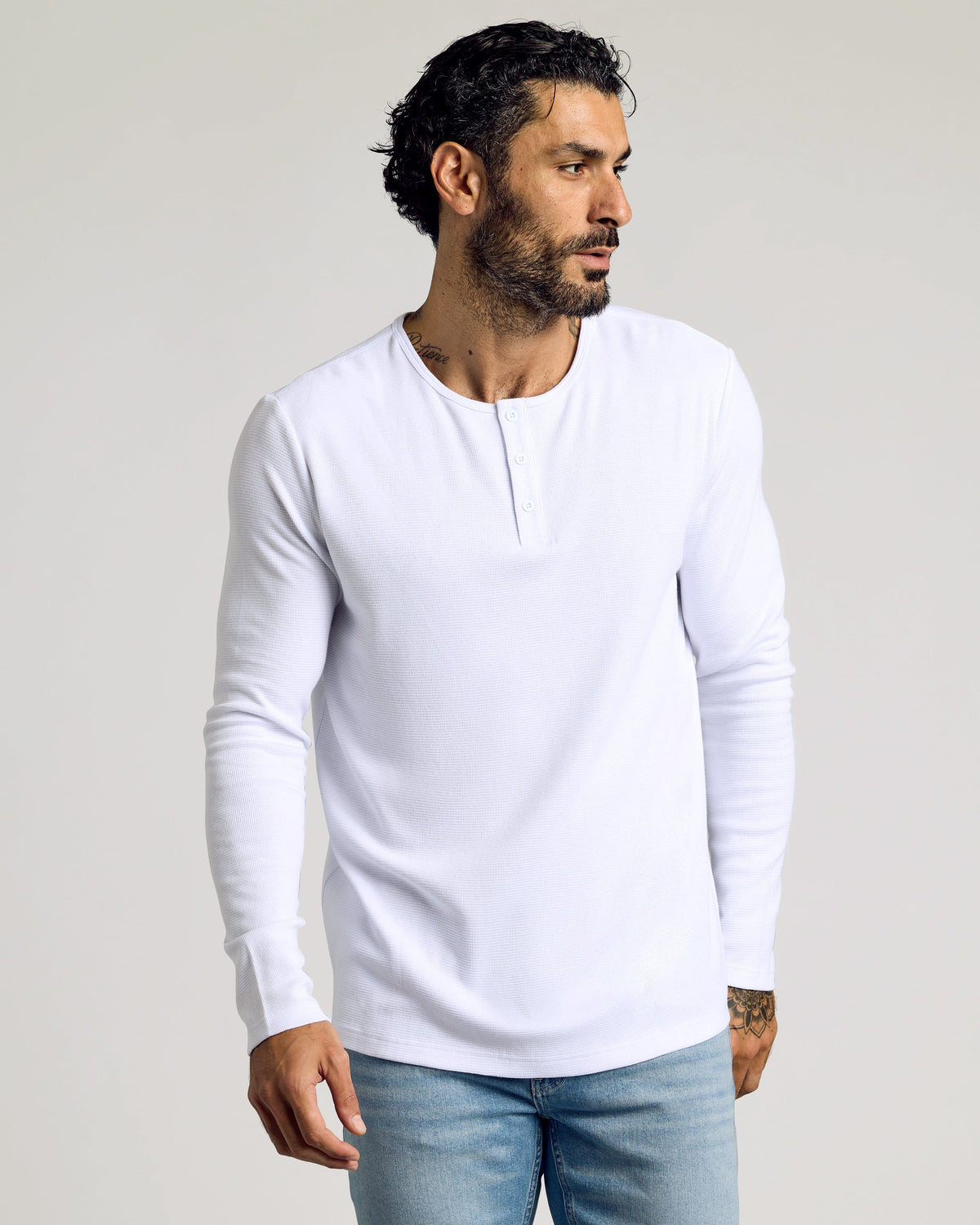 True Classic White Waffle Long Sleeve Henley Shirt | Cotton Blend | Athletic Cut | 3XL