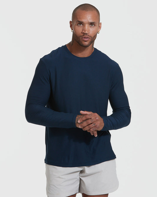 True Classic Navy Blue Active Long Sleeve Crew T-Shirt | Cotton Blend | Athletic Cut | Small