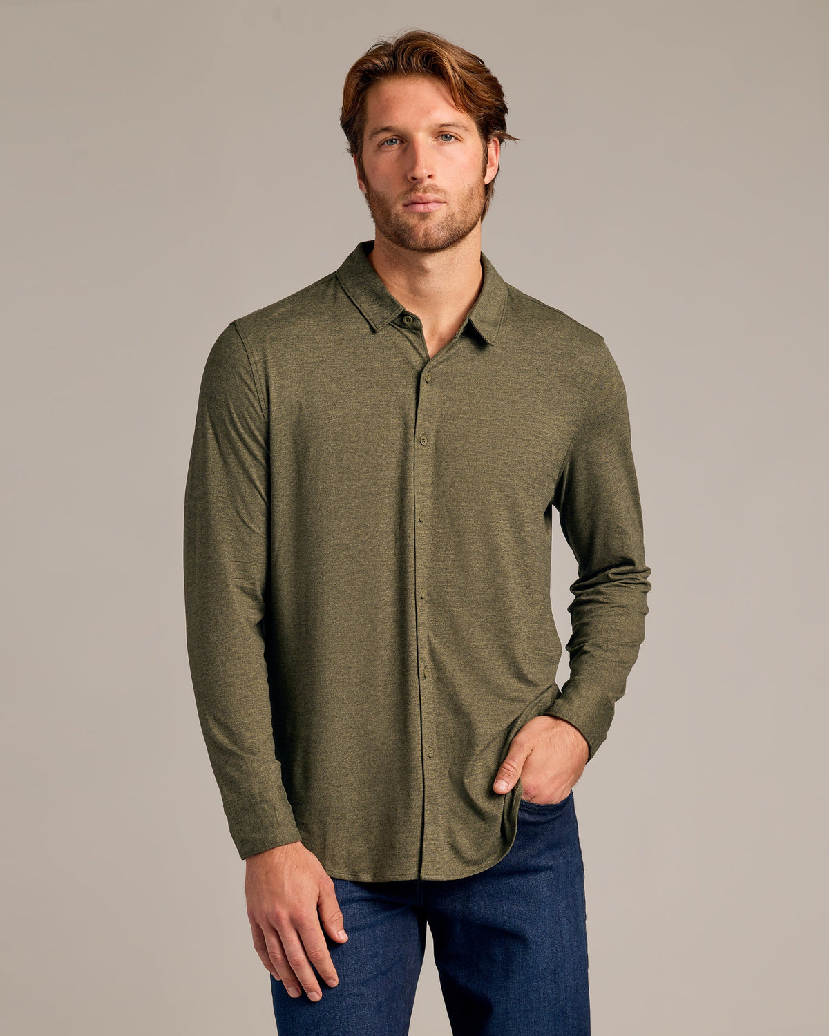 True Classic Dark Heather Military Green Long Sleeve Do-It-All Comfort Shirt | Small