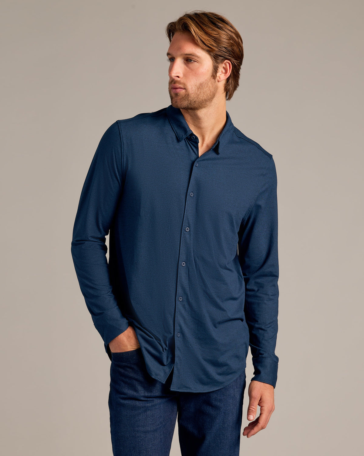 True Classic Dark Heather Navy Blue Long Sleeve Do-It-All Comfort Shirt | Small