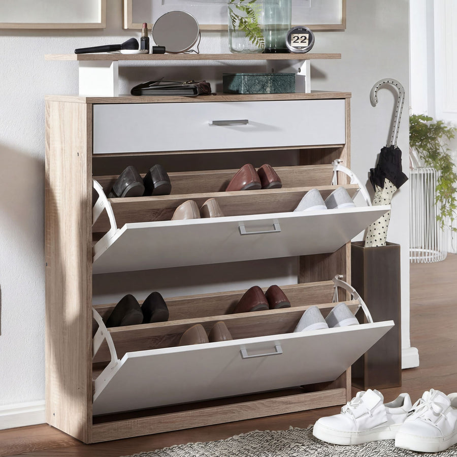 FineBuy Schuhkipper Holz 80x95x24 cm Modern Sonoma Eiche, Design Schuhregal Schuhkipper Schmal, Schuhschrank Schuhaufbewahrung mit Schublade, Flurschr