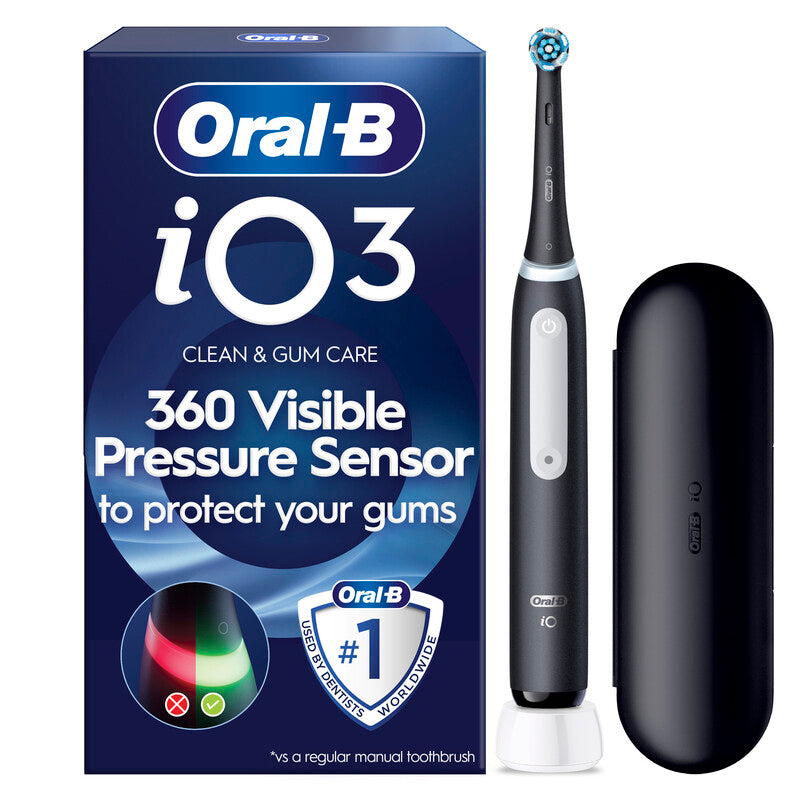 Oral-B iO3 Electric Toothbrush with 3 Modes, 360 Pressure Sensor, Travel Case, Long Battery & Quiet Operation in Black