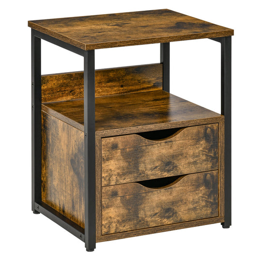 HOMCOM Industrial Bedside Table: 2-Drawer Rustic Brown/Black Bedroom Furniture, Nightstand with Storage