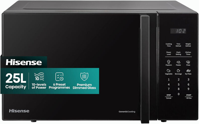 Hisense 25L Digital Solo Microwave - 900W Power, Smart Cook & Auto Defrost Functions in Black for Effortless Meal Preparation