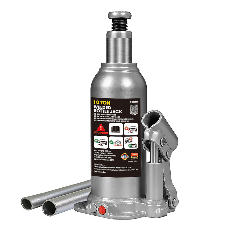 TCE 10 Ton Industrial Grade Vertical Hydraulic Bottle Jack 222-448mm Forged Steel Base Chrome Plated Piston Rod with Safety Overflow Valve for Heavy D