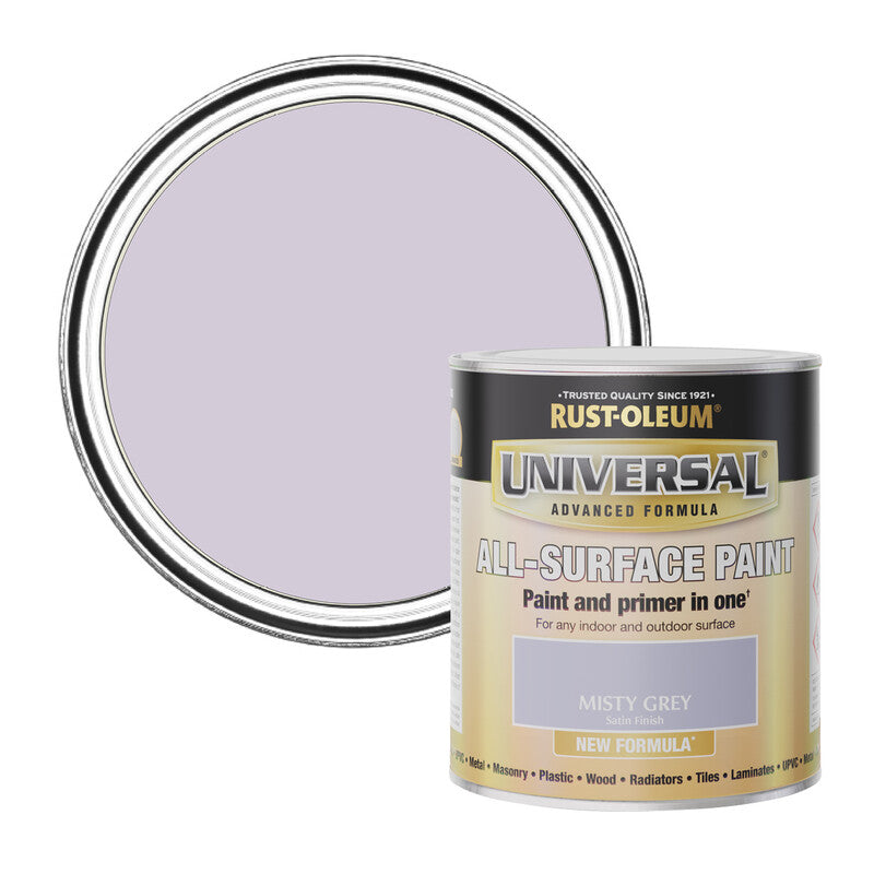 Rust-Oleum Universal All-Surface Satin Paint in Misty Grey 750Ml, For Interior Walls and DIY Projects