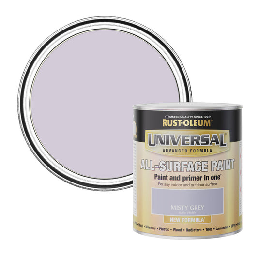 Rust-Oleum Universal All-Surface Satin Paint in Misty Grey 750Ml, For Interior Walls and DIY Projects