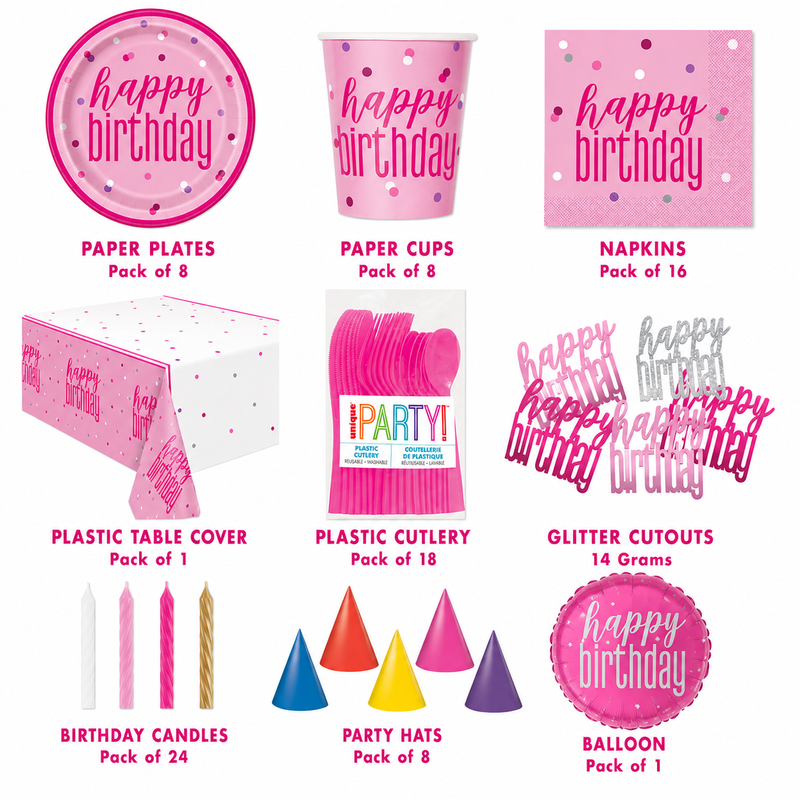 Pink Birthday Party Tableware & Decoration Bundle - 9 Pc - Tablecover, Napkins, Paper Plates, Paper Cups, Napkins, Cutlery, Party Hats, Balloons, Conf