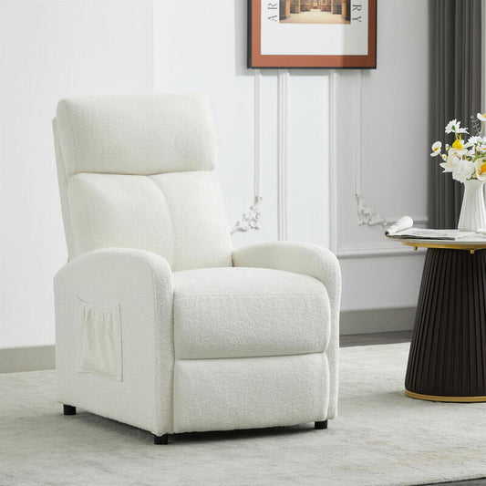 MCC Direct Recliner Chair with Lumbar Support and Adjustable Leg Rest in Beige Teddy Fabric, Side Pocket, Padded Backrest.