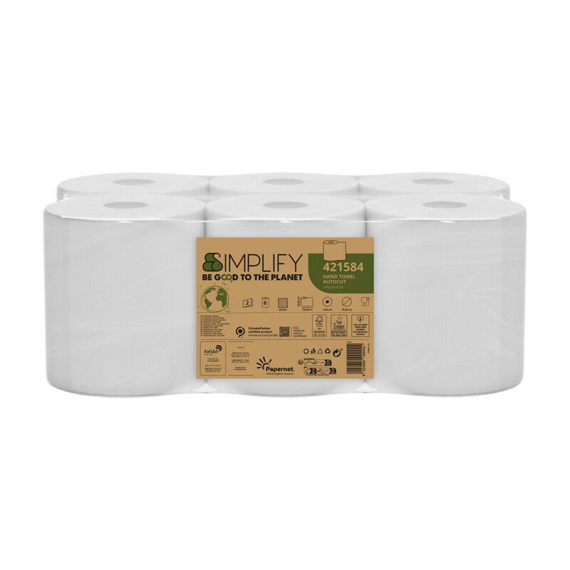 Papernet Autocut Hand Towels, 19.6 high, 130m long, pure cellulose, 19.5gsm. CARBON NEUTRAL