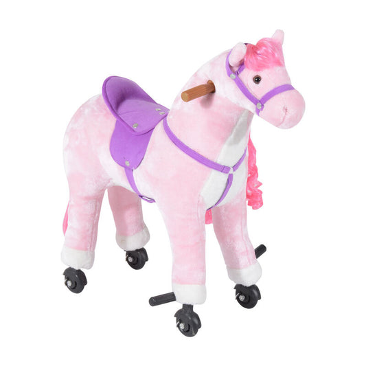 330-016PK HOMCOM Plush Walking Horse Ride On Toy with Wheels and Realistic Sounds Rocking Horse for Girls Boys 2+ Years Old, 50cm Tall, Pink