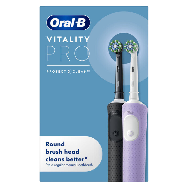 Oral-B Vitality Pro Electric Toothbrush Duo Pack - 2 Black & Purple Brushes with 3 Cleaning Modes and Timer