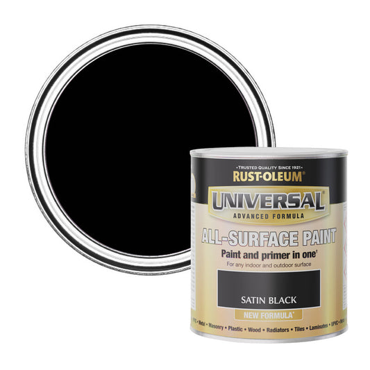 Rust-Oleum Universal All-Surface Satin Black Paint 750ml - For Interior & DIY Use on Walls, Metal & More