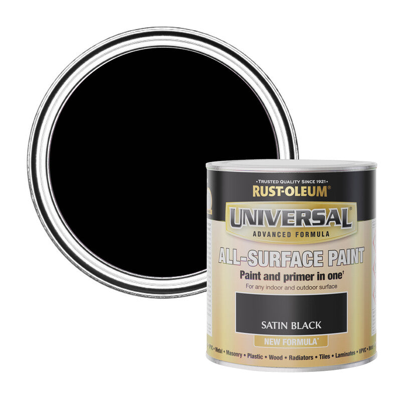 Rust-Oleum Universal All-Surface Satin Black Paint 750ml - For Interior & DIY Use on Walls, Metal & More