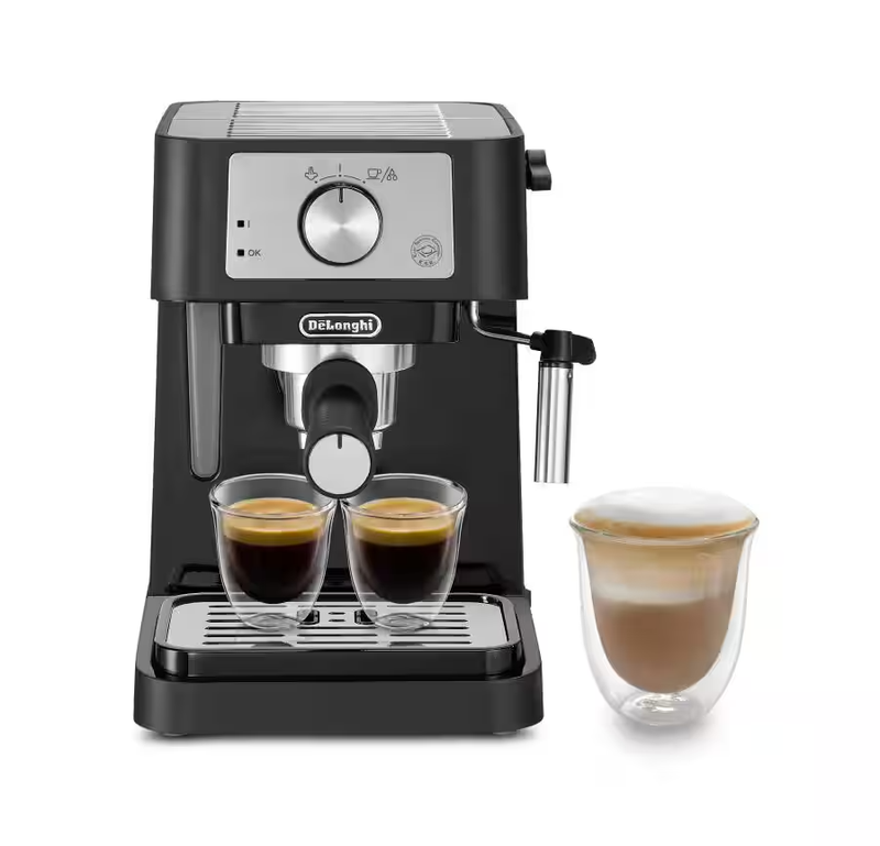 DE'LONGHI Stilosa Espresso Coffee Machine, 15 Bar with Milk Frother Steam Wand, Compact Black Design for Home
