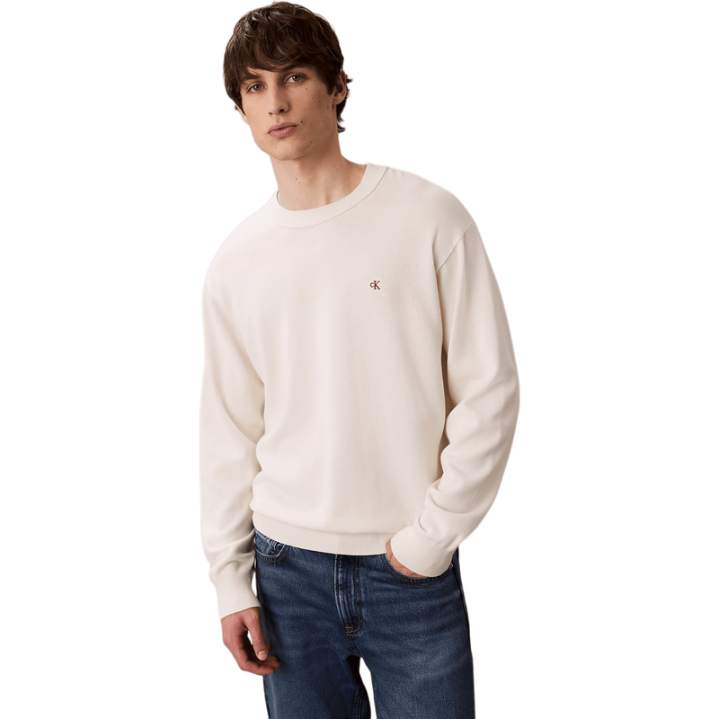 Calvin Klein Jeans Men Relaxed Cotton Monogram Jumper in Soft Tofu | Essential Casual Knitwear for Everyday Wear
