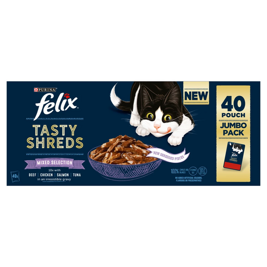 Felix Wet Cat Food: Tasty Shreds Mixed Selection in Gravy, 40 Pouches of 80g Each. Delicious & Varied.