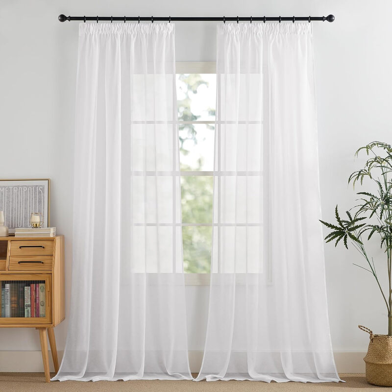 PONY DANCE Sheer Linen Look Curtains Pencil Pleat, 2 Panels W140xL245cm (W55xL96inch), White